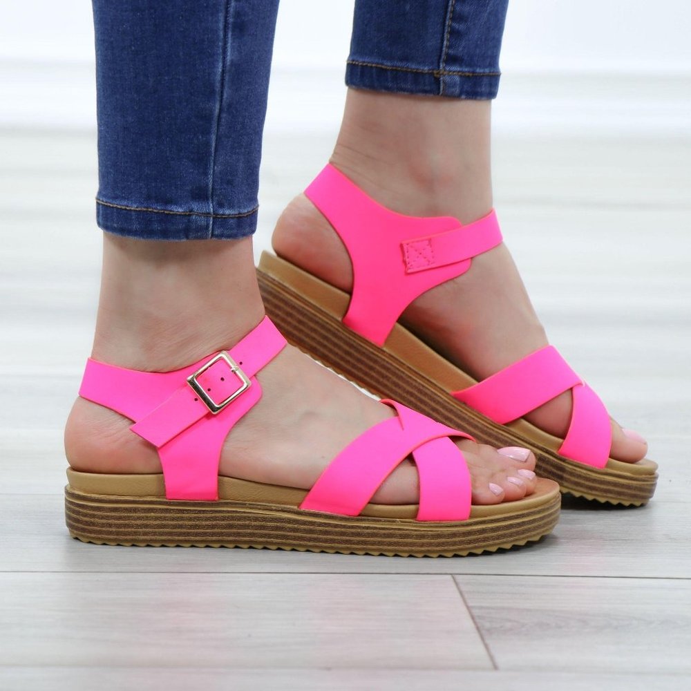 Neon Pink Strappy Comfort Sandals Faux Nubuck